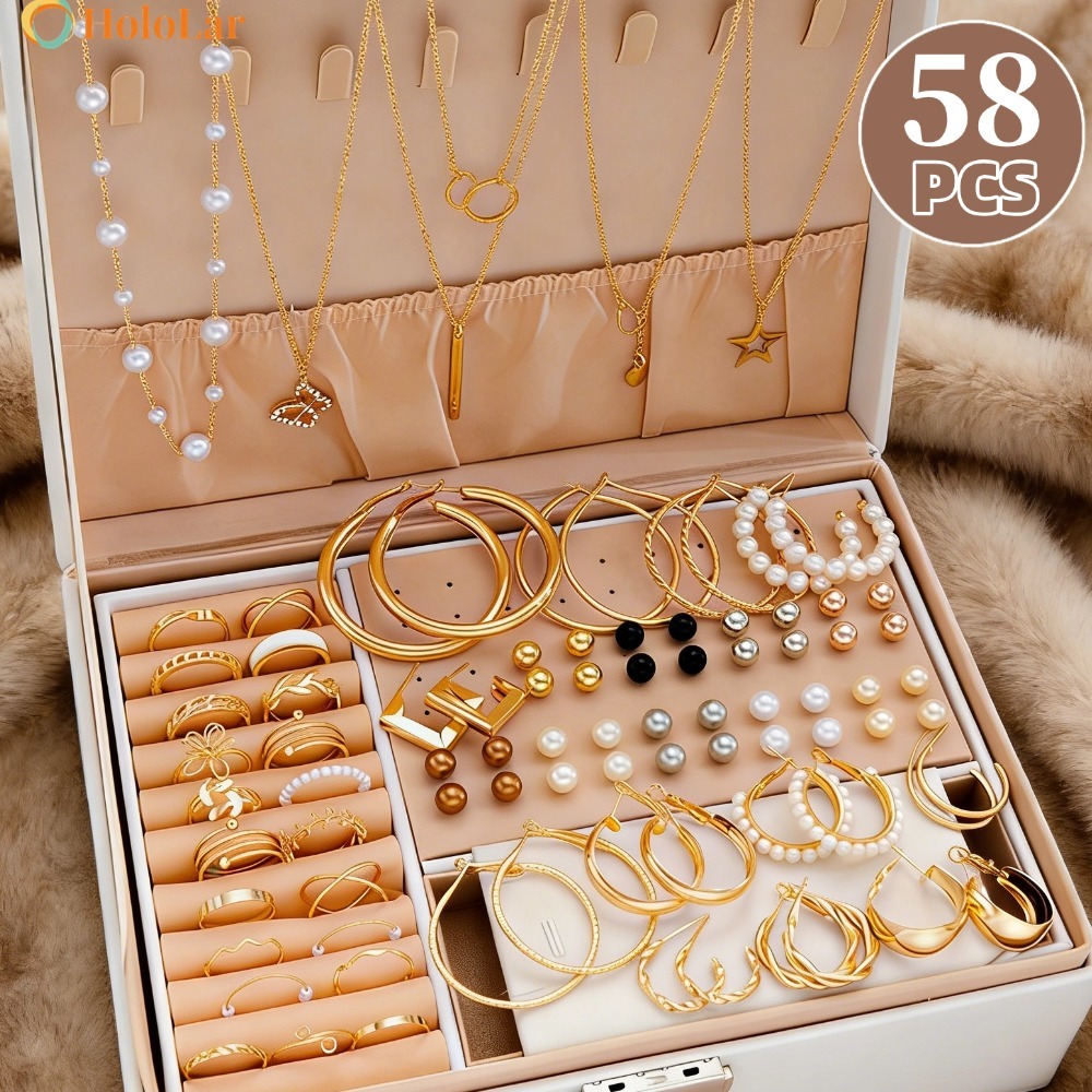 Brincos Femininos 58 Peças, Colares Femininos, Conjunto de Joias de Liga de Pérola-hol