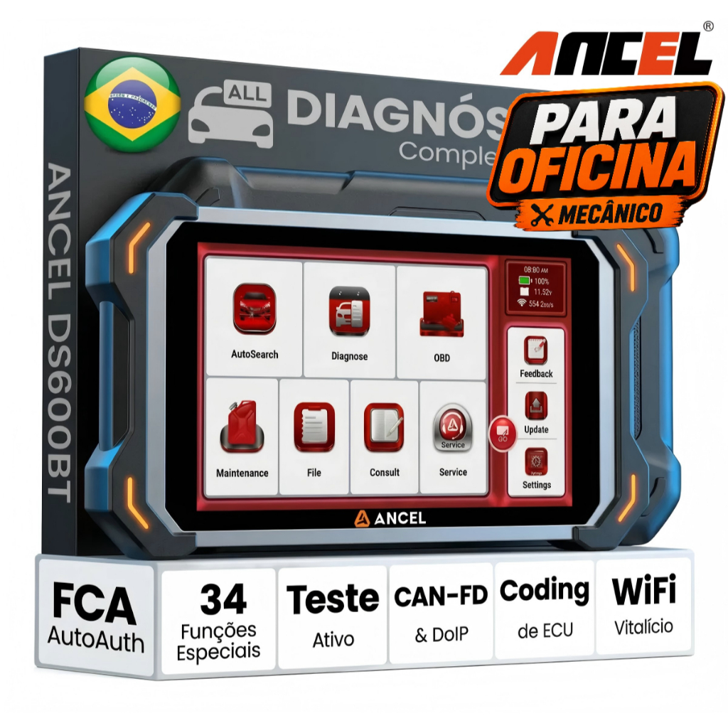 Scanner Automotivo Profissional ANCEL DS600BT Sgw FCA CAN FD DOIP, 34 Funções de Redefinição, Todos os Sistemas