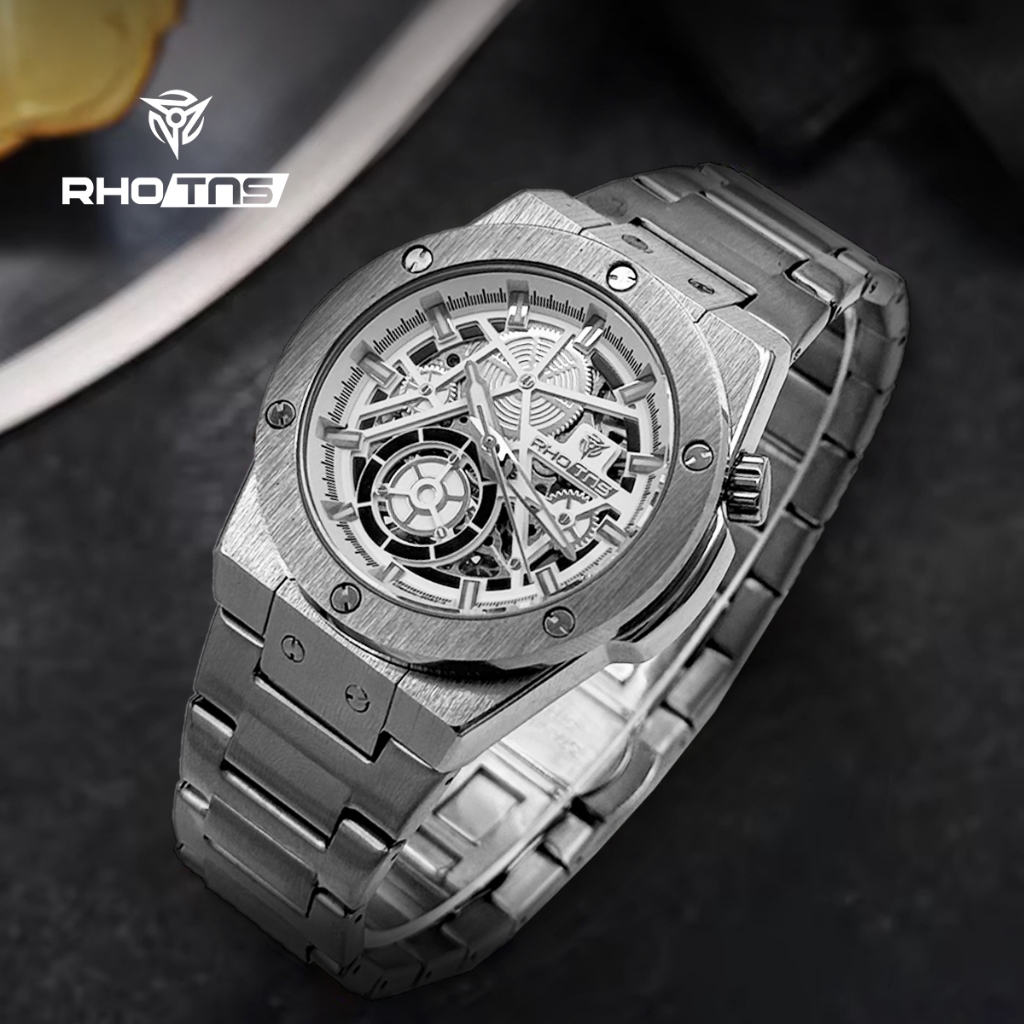 RHOTUS Masculino Oco Esqueleto Relógio De Quartzo Octogonal Caso Mãos Luminosas Pulseira De Aço Inoxidável 3ATM À Prova