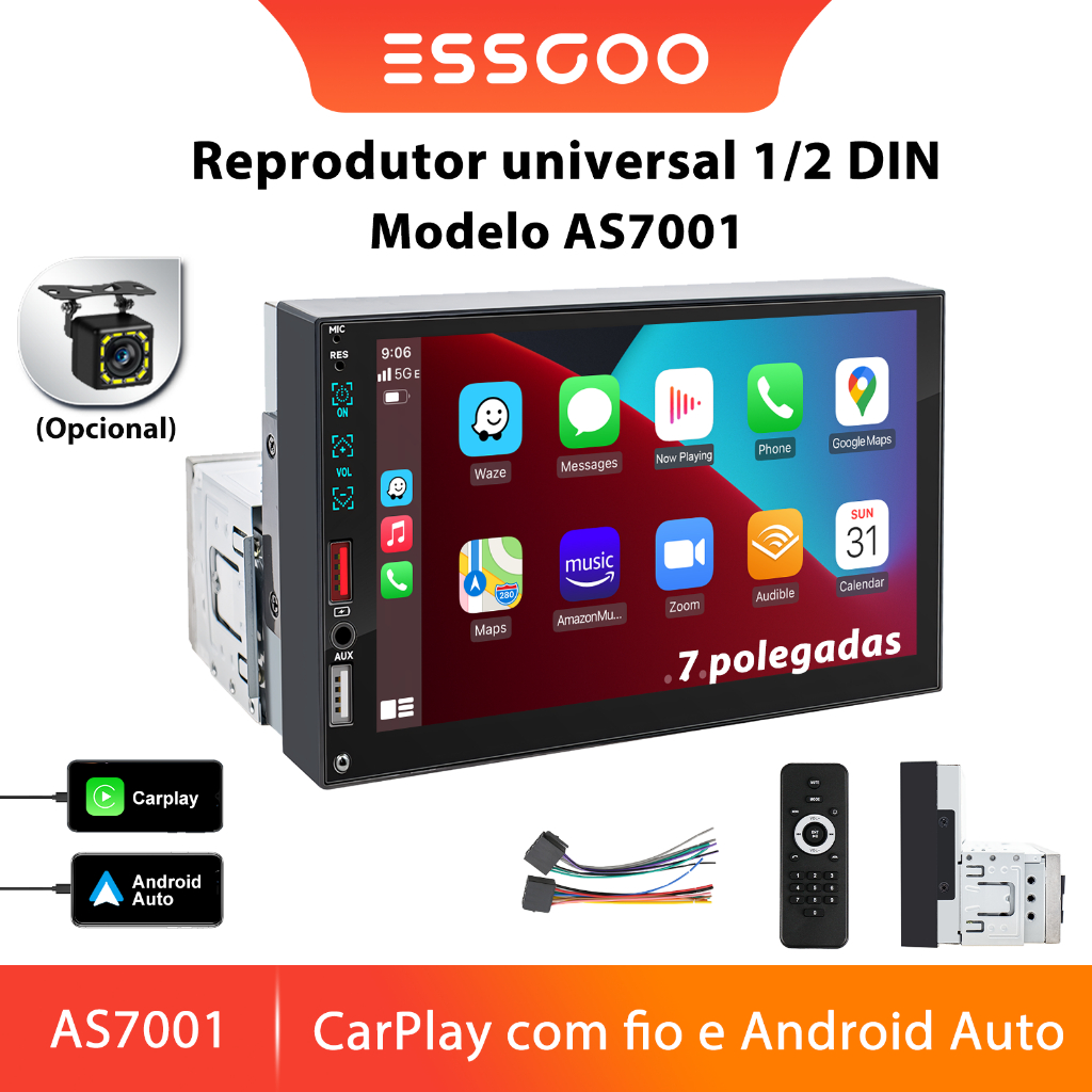 ESSGOO Único/2 Din 7 " Tela De Toque Jogador Do Carro Android/IOS Espelho Link Colorido Botão Luzes Bluetooth AUX Rádio