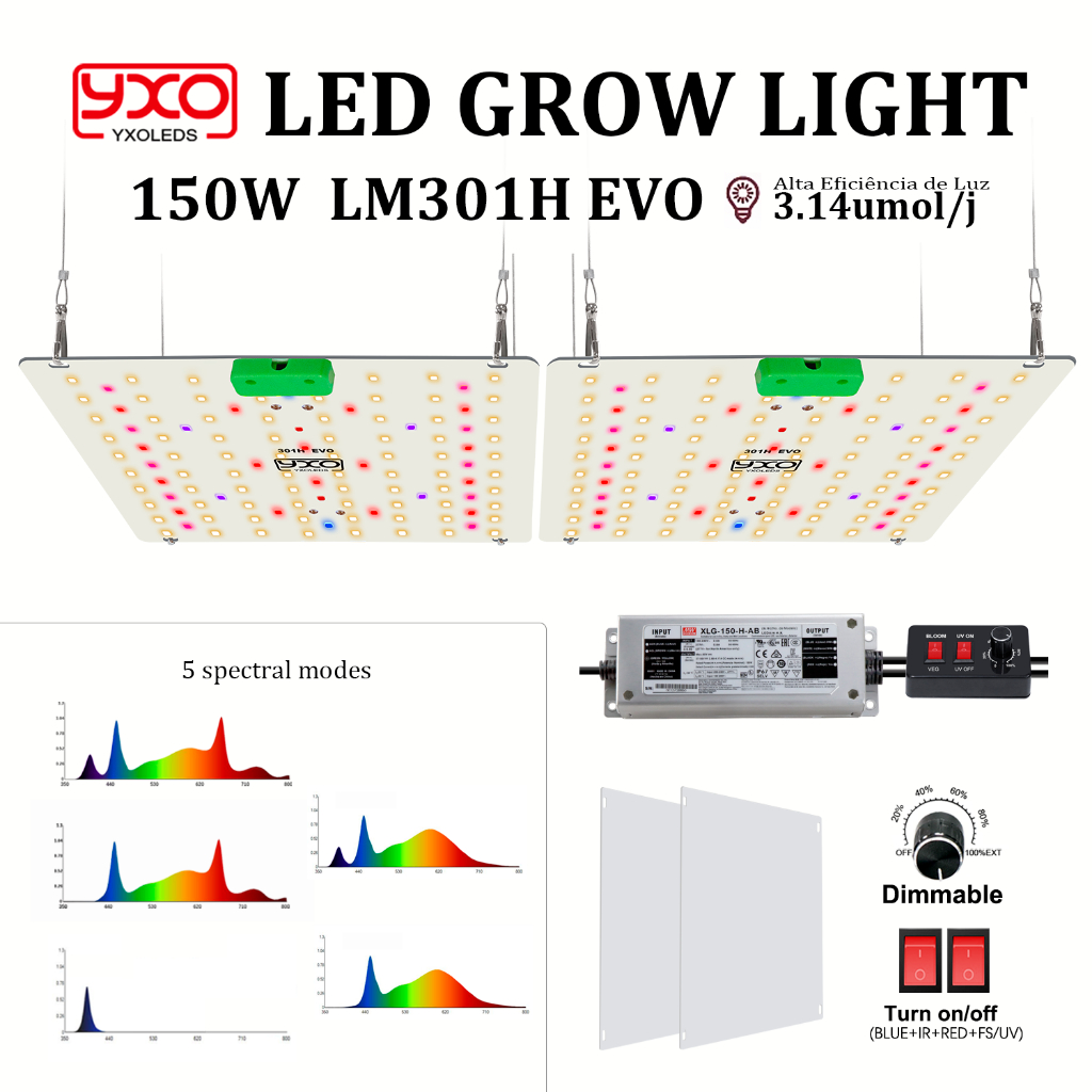 Luz De Cultivo LED 120W-150W Com Chips LM301H EVO E Driver De Poço Médio , Lâmpada De Plantas Internas De Espectro Compl