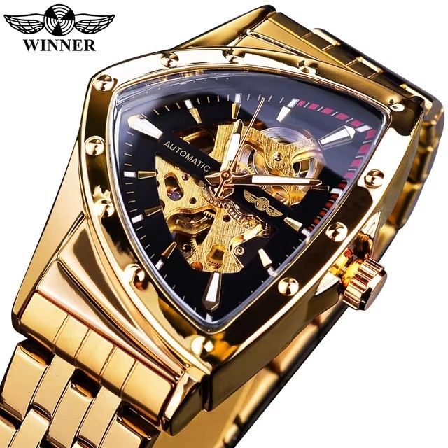 Vencedor Steampunk Swiss Design Masculino Esqueleto Dupla Face Transparente Dourado Aço Inoxidável Mens Relógio Mecânico