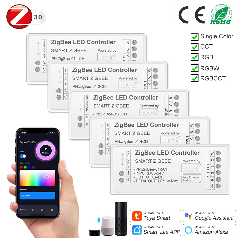 Controlador de Fita LED 5V/12V/24V Tuya Zigbee/WiFi Dimmer para Compatível com Alexa e Google Home