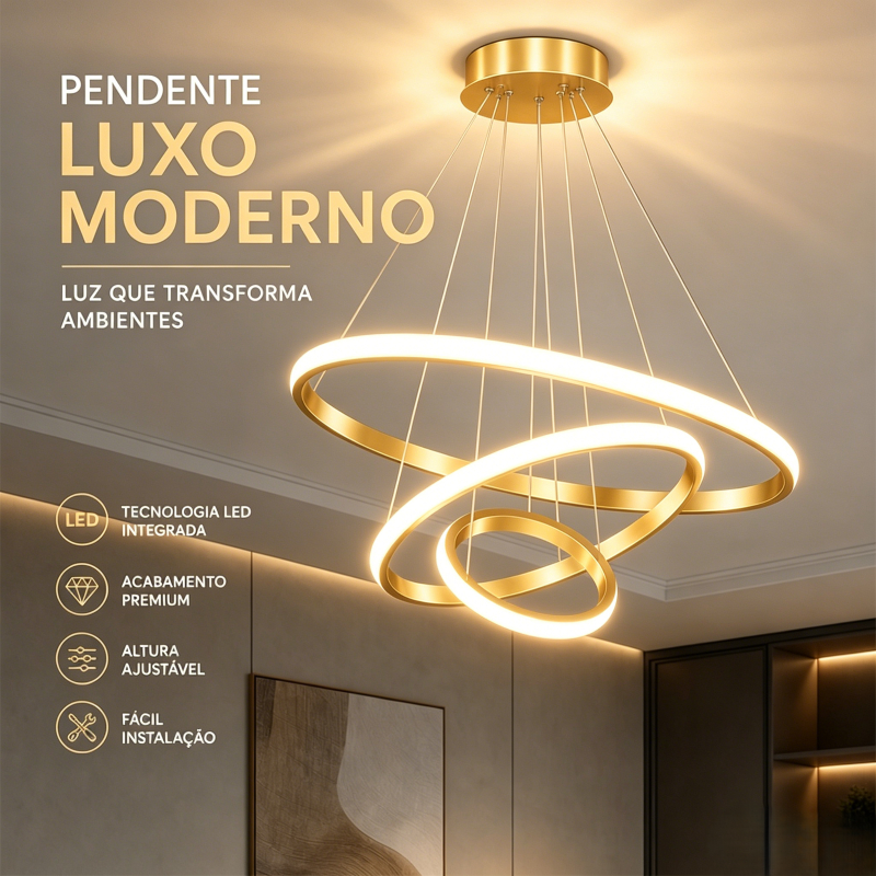 Lustre Pendente LED 3 Anéis, Altura Ajustável, Bivolt, Design Luxuoso Moderno para Sala de Estar e Ambientes Amplos