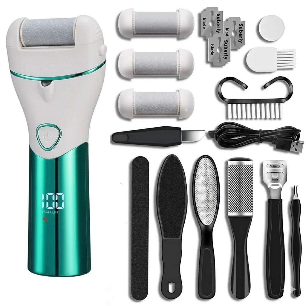 Esfoliador De Pes Eletrico Kit Com 16 Pecas Removedor De Calos Lcd Recarregavel Profissional Bivolt