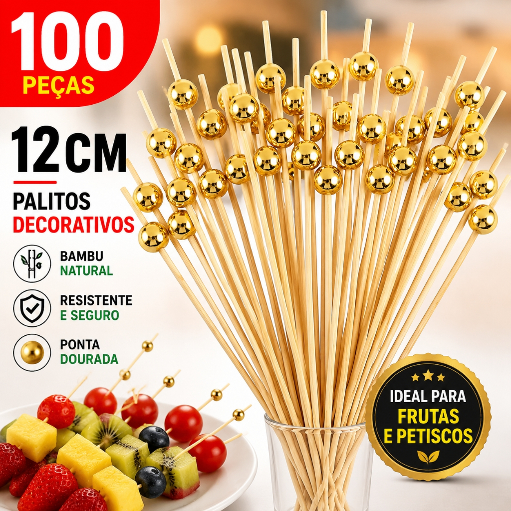 Kit 100 Palitos de Bambu 12cm Para Petisco Decorado Bolinha dourada