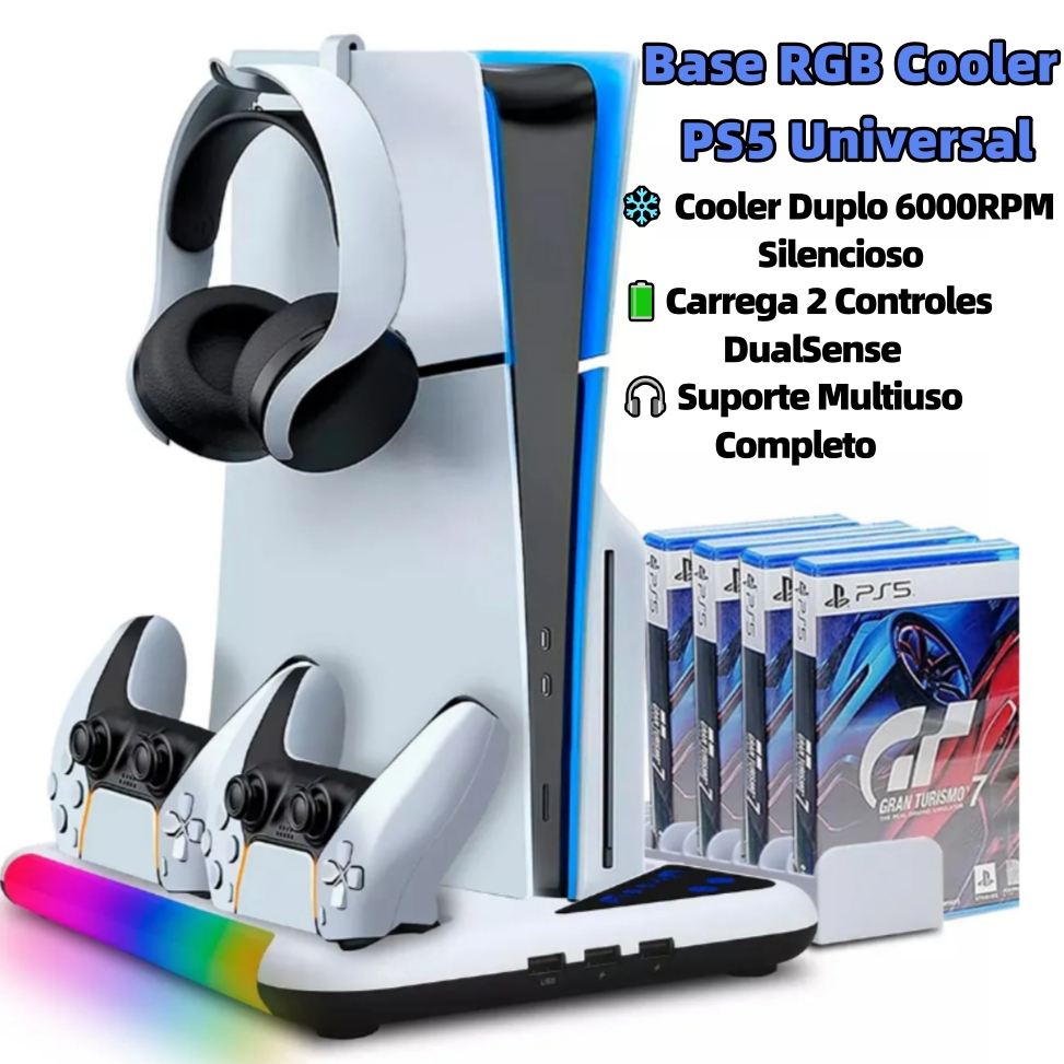 Base Cooler Para Ps5 Slim Fat Carregador Suporte Controles Led Rgb