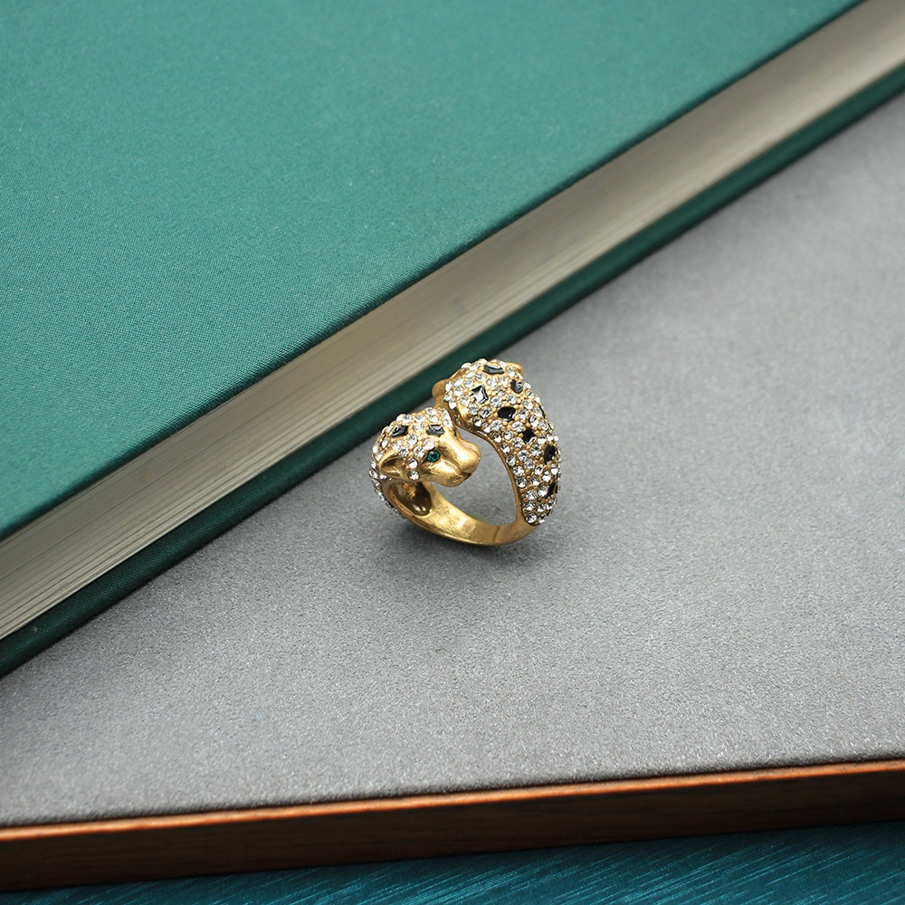 Retro indústria pesada estilo Pavé cheio de diamante dupla cabeça leopardo Animal flor elemento anel High-End luz luxo n
