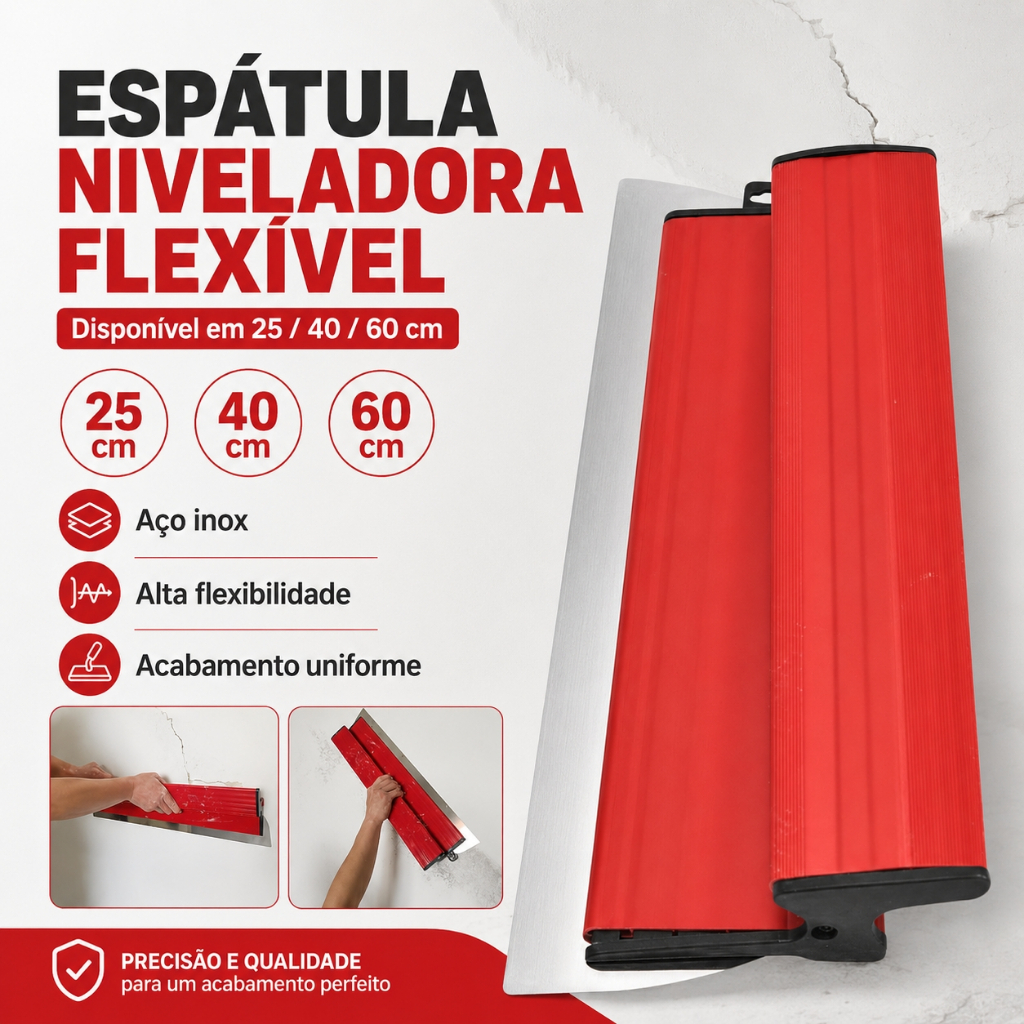 Desempenadeira Aço Inox com Lâmina Flexível e Lisa para Massa Corrida, Troca de Lâmina 25cm/40cm/60cm