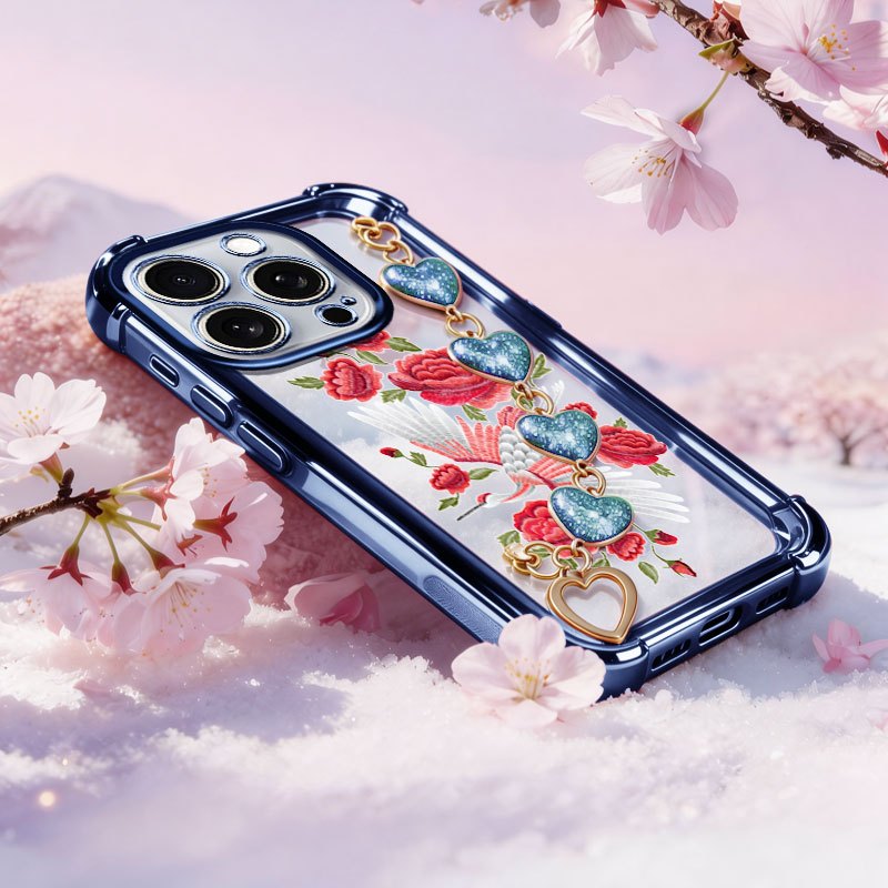 Capa VRQR Compatível Com Iphone 11 12 13 14 15 Pro MAX Guindaste Branco Rosa De Telefone Pulseira De Amor