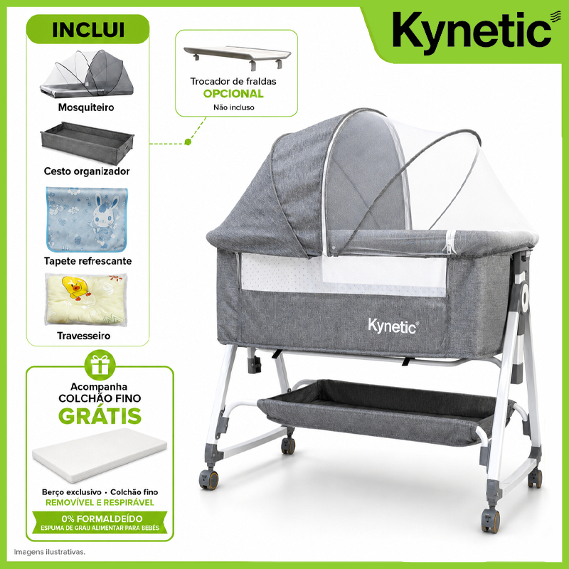 Kynetic Berço Moisés Co‑Bed com Balanço, Mosquiteiro, Cesto, Altura Ajustável e Trava – para Bebês 0-3 anos
