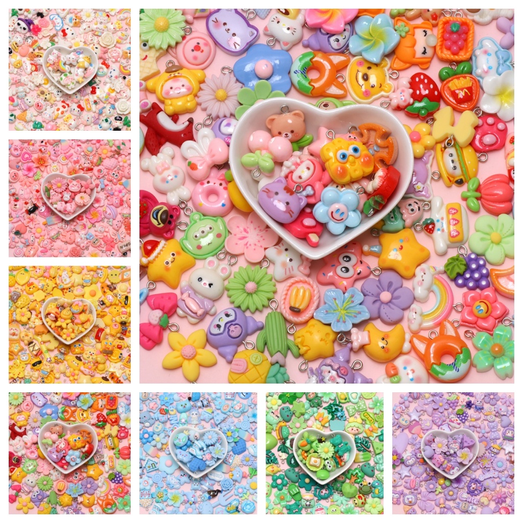 Pingente De Resina Dos Desenhos Animados Cor Sólida DIY Frutas Misturadas Animal Boneca Encantos Chaveiro Acessórios