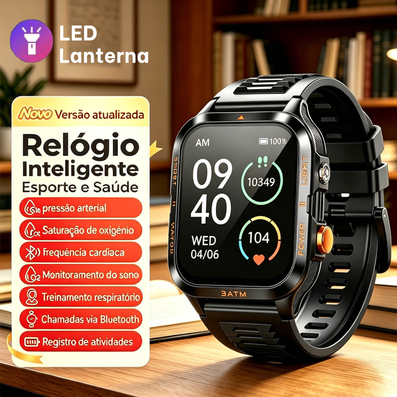 Smartwatch Masculino Esportivo H08 Tela HD 30 Dias Bateria Lanterna LED SpO2 Batimentos Caixa Metálica 3ATM Frete Grátis