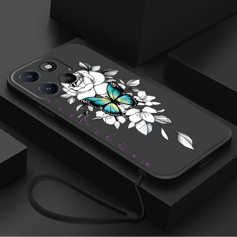 Moto G77 G67 5G G37 G47 Motorola Caso Beleza Flor Borboleta Azul Capa De Silicone Líquido
