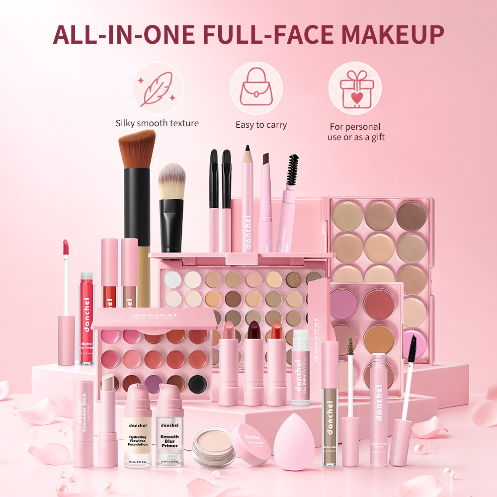 Kit Maquiagem Completo Danchel 25 Peças Multifuncional Paleta Sombras Base Corretivo Batom Pincéis Bolsa Viagem
