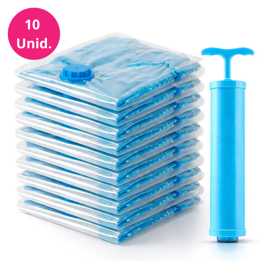 Kit 10 Saco A Vácuo Com Bomba 50x60cm Organização Otimização De Espaço Mala Guarda Roupas