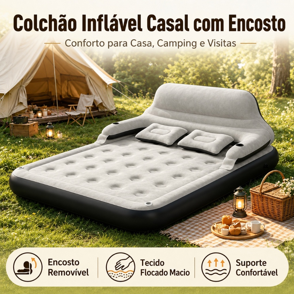Colchão Inflável Casal com Encosto e Bomba Elétrica Embutida Cama De Campanha