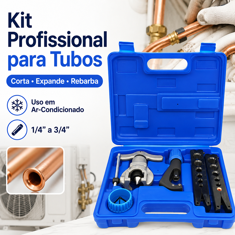 Kit Flangeador Alargador de Tubos 1/4 a 3/4 com Cortador Escareador Maleta para Ar Condicionado