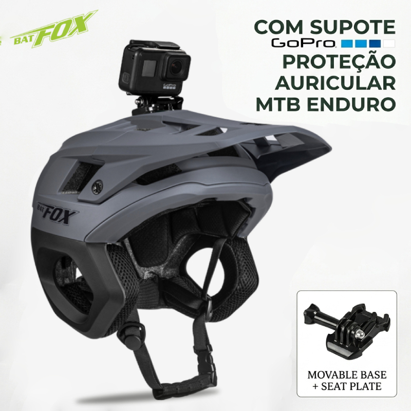 BATFOX Capacete MTB Mountain Bike Enduro Com Proteção Auricular Suporte GoPro Ajustável Forro Removível