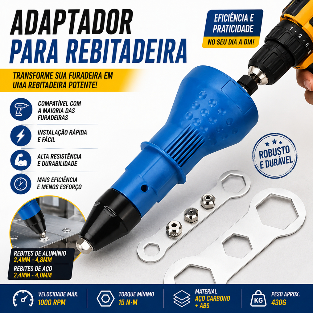 Kit Rebitador para Furadeira Parafusadeira com 4 Bicos Ferramenta para Rebites