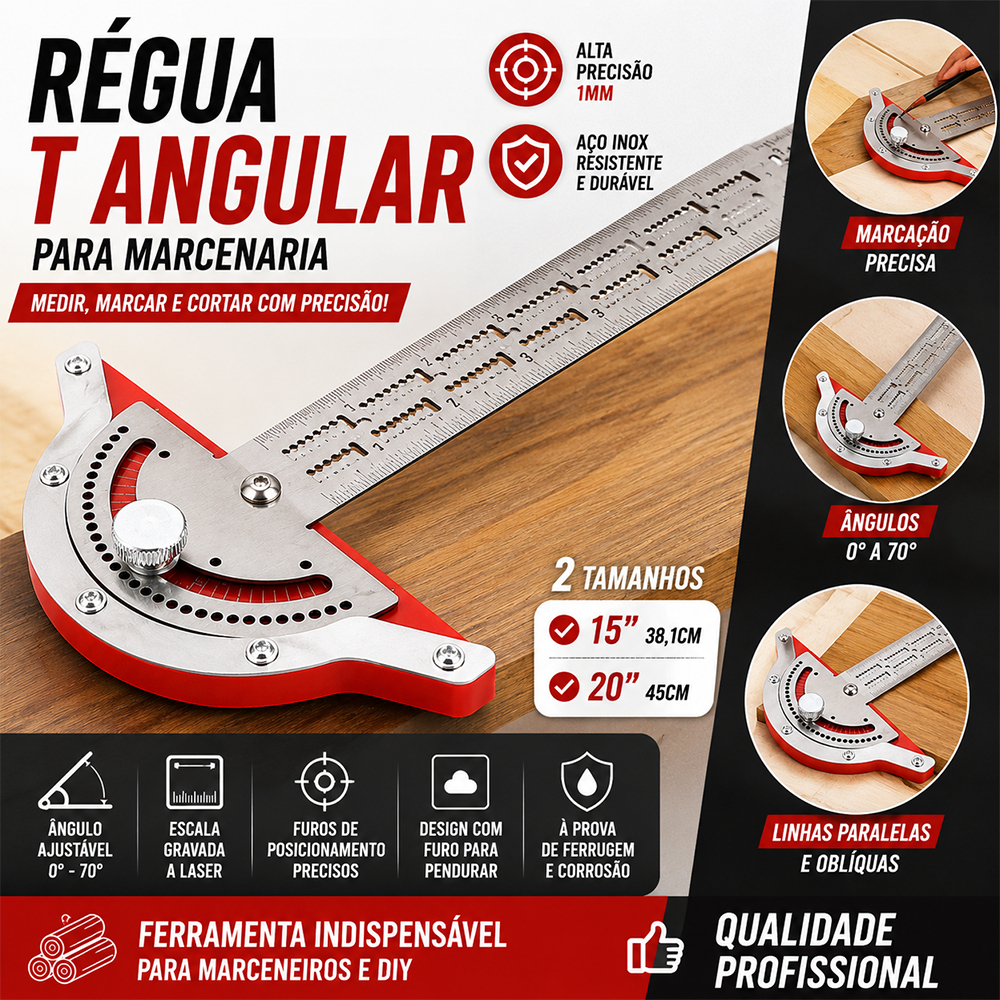 Esquadro Régua De Ângulo Aço Inoxidável Carpinteiro Serralheiro Marceneiro 15" 20" Régua