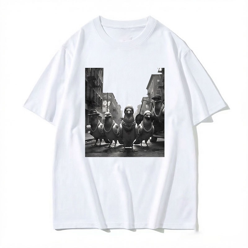 Engraçado Vintage Pombo T Camisa Casual Algodão Manga Curta Pássaro Impresso Camiseta Homem Mulher Crewneck Solto Confor