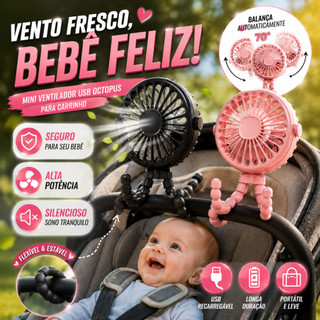 Mini Ventilador USB para Carrinho de Bebê Garra 360° Ajustável Portátil Recarregável Sile…