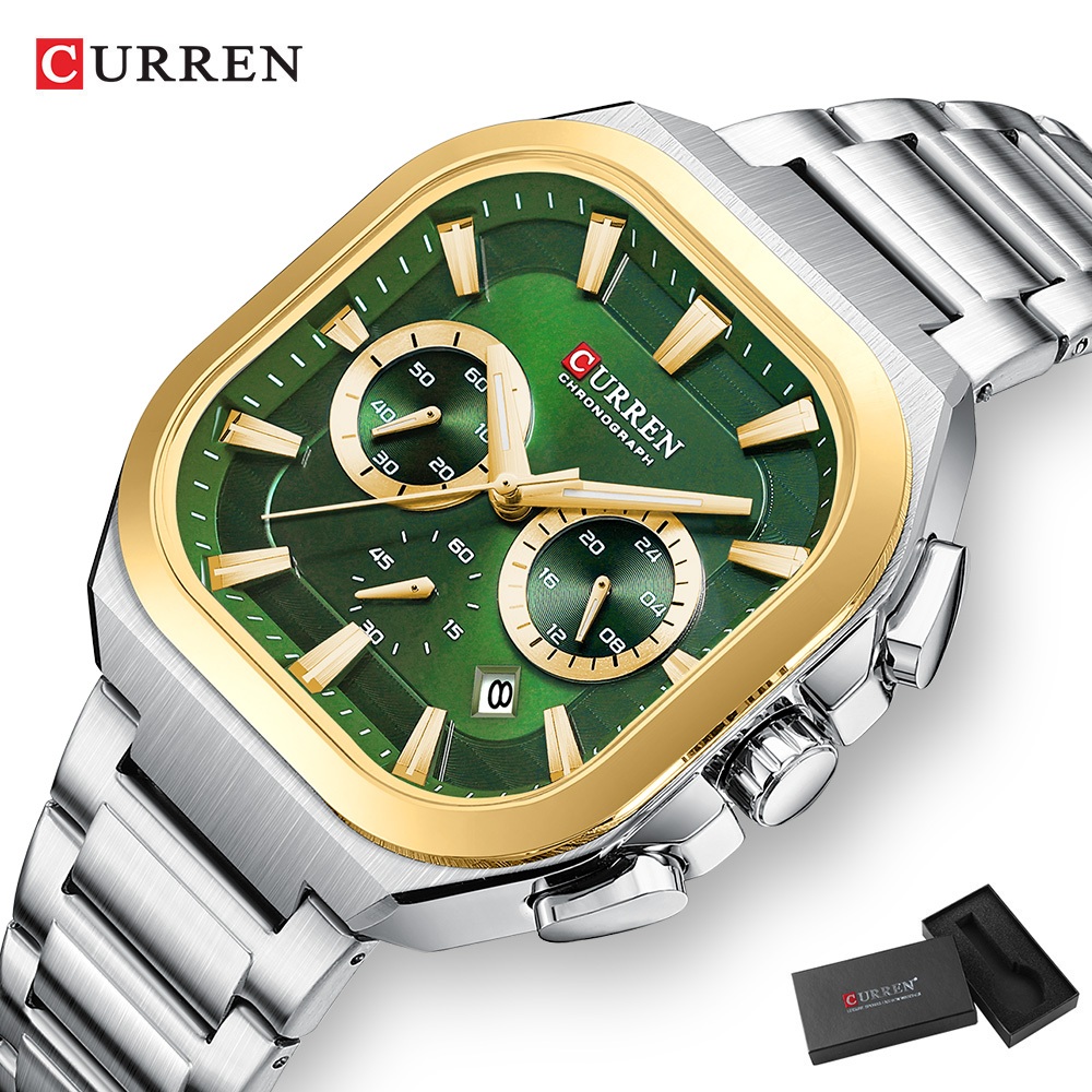 Relógio Masculino Nova Marca CURREN Cronógrafo Genuíno Multifuncional Mãos Luminosas Aço Inoxidável Design Quadrado Excl
