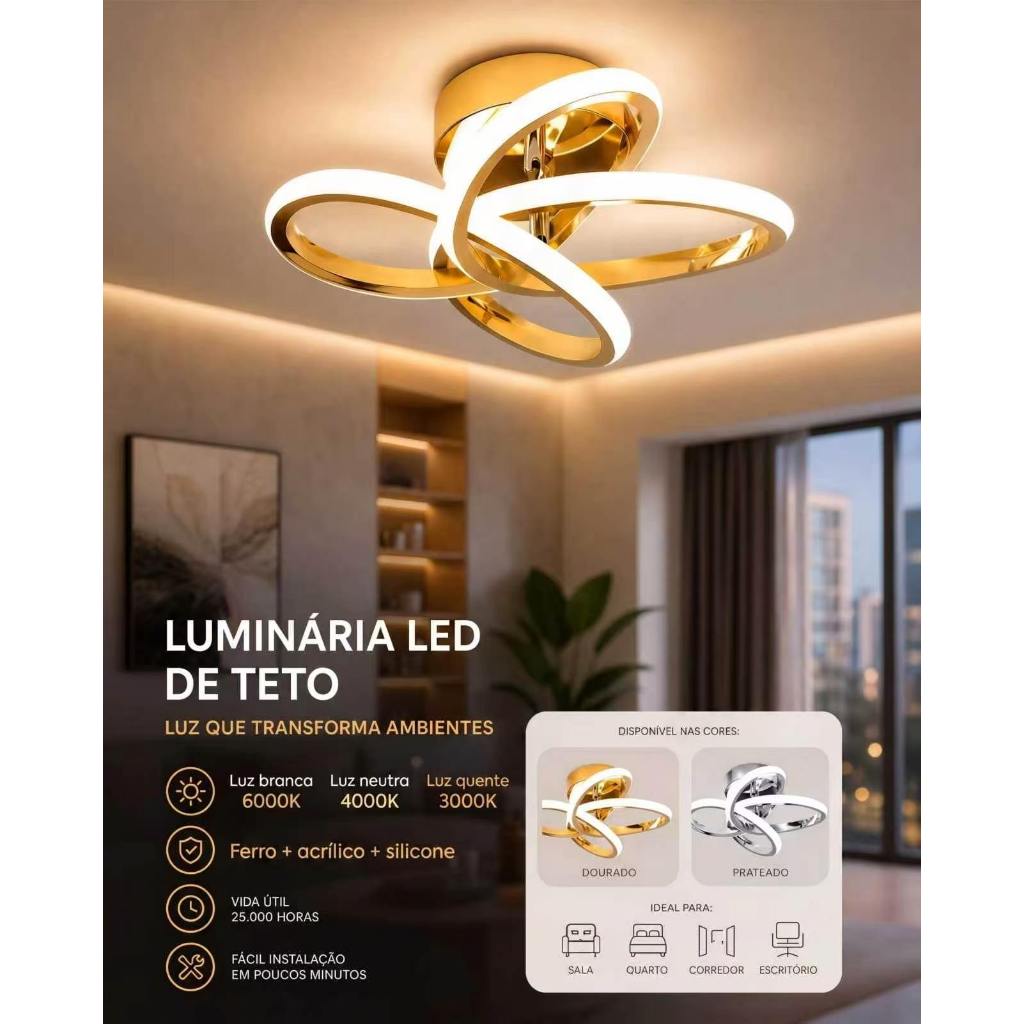 Luminária de teto LED circular em estilo moderno,ideal para sala de estar e quarto,3 cores,110-220 V