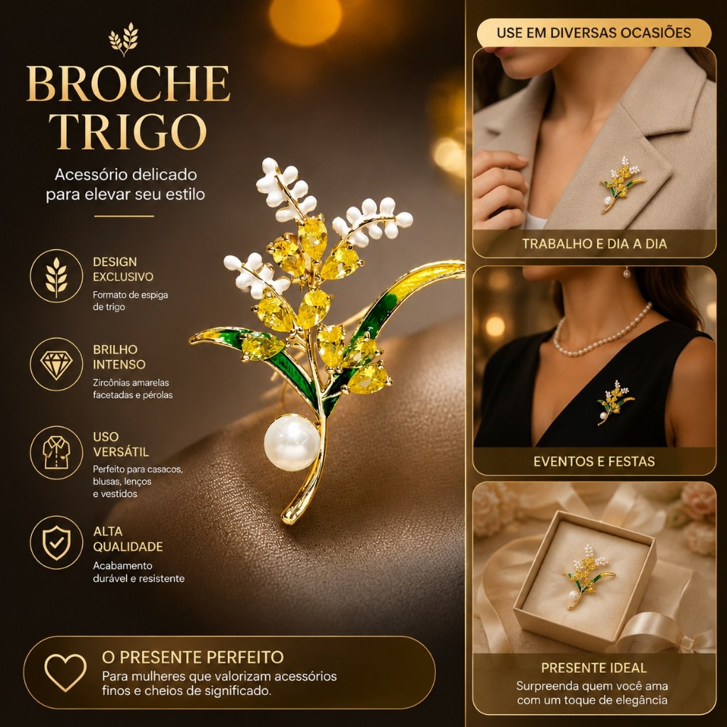 Broche Espiga de Trigo com Pérola e Cristais Brilhantes Acessório Luxo Feminino para Roupa e Bolsa