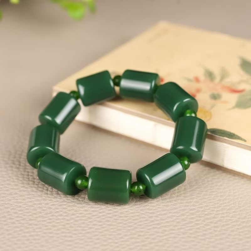 Novo Fio De Ouro jade Pulseira Cilíndrica Grânulo Verde Para Homens E Mulheres Simples Espinafre