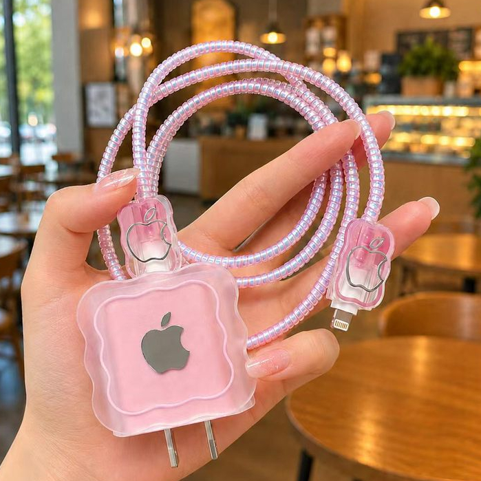 Capa protetora rosa translúcida projetada especificamente para o carregador de 20W do iPhone, com proteção contra queda