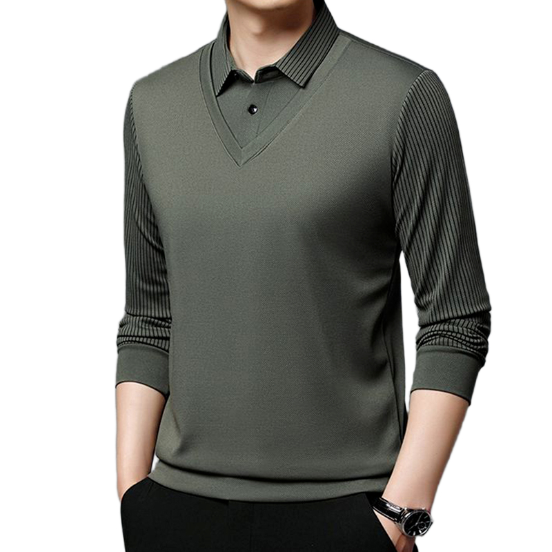 Polo Masculino Listrado Gola Lapela Manga Longa Versátil Outono Frio