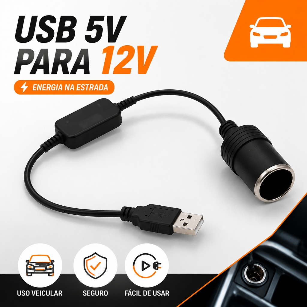 Adaptador De Acendedor De Cigarro USB Para Carro, Cabo Adaptador De Alimentação De 5 V Para 12 V