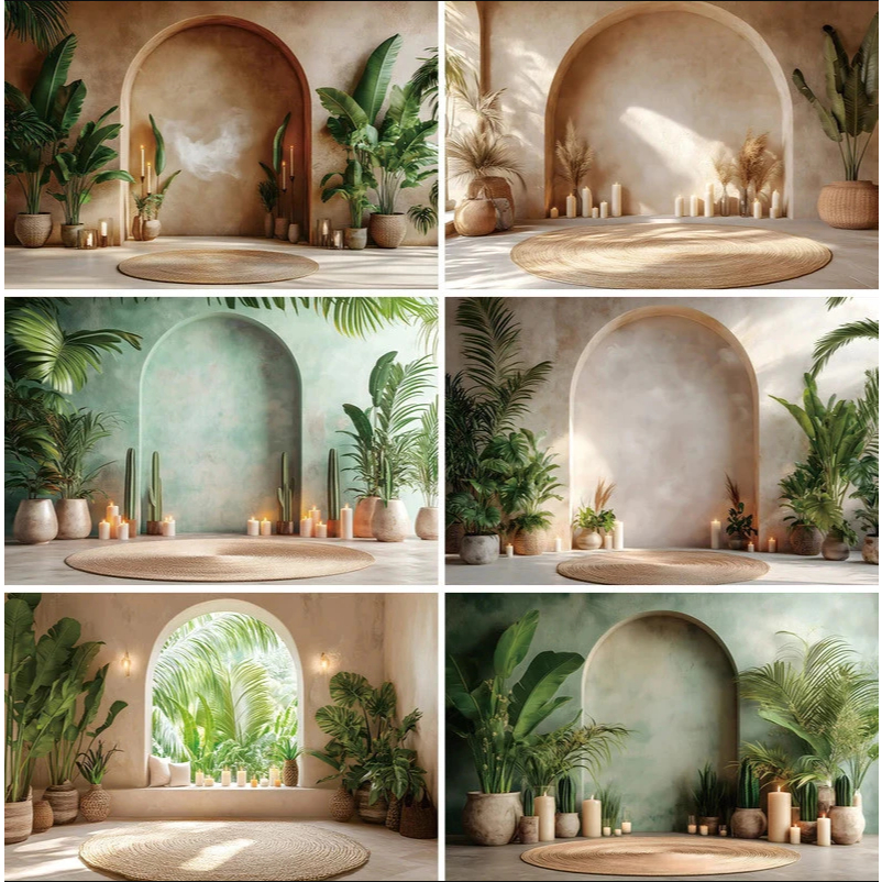 7x5ft Palm Oasis Arch Fotografia Fundo Banner Boho Pampas Floral Grama Vaso Decoração De Plantas Casamento Maternidade R