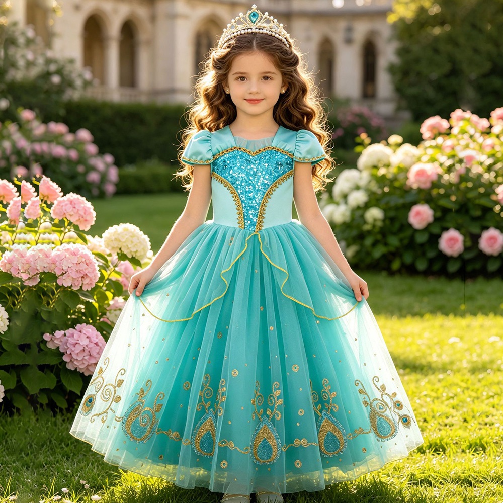 Meninas Princesa Jasmim Vestido Crianças Turquesa Brilho Ouro Bordado Tule Traje Festa De Aniversário Halloween Cosplay
