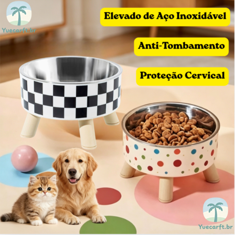 1Tigela Para Gatos e Cachorro De Pés Altos Com Proteção Do Pescoço De Aço Inoxidável Animais De Estimação Antiderrapante