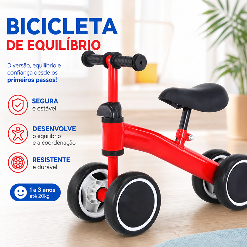 Bicicleta de Equilíbrio e Andador Infantil Segura 4 Rodas Sem Pedais, Freio Traseiro e Altura Ajustável para Crianças