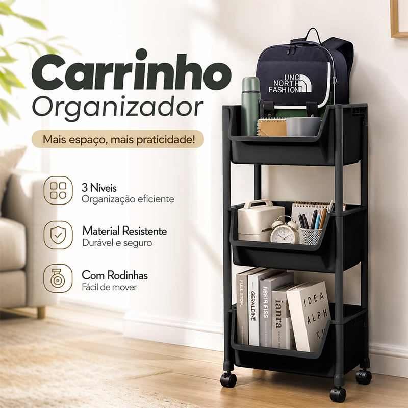 Carrinho Organizador 3 Níveis com Rodinhas Estrutura Forte Multiuso para Casa