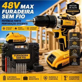 Parafusadeira Furadeira Com 48V Bateria, Versão Maleta 2 Baterias ou Caixa 1 Bateria, Kit Completo