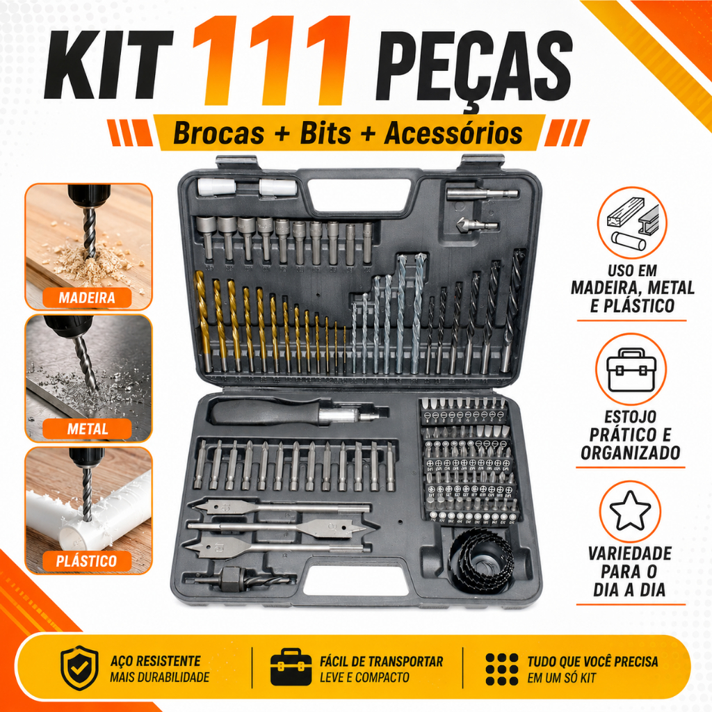 Kit 111 Peças Brocas Pontas Bits Soquetes Serra Copo Para Madeira Metal Plástico