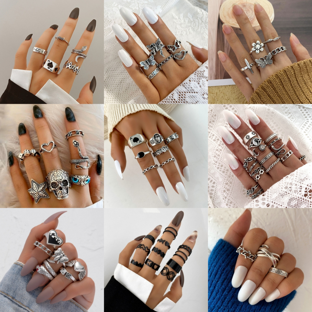 [Conjunto de anéis] Estilo coreano retrô prata desgastado masculino feminino estilo cartas de jogo anel de articulação d