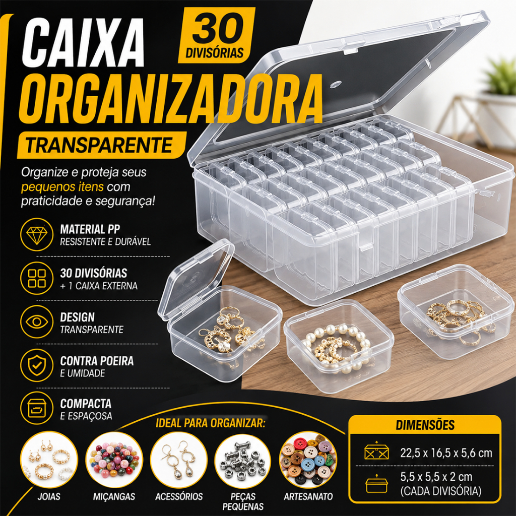 Caixa Organizadora com 30 Potinhos para Miçangas e Acessórios Multifuncional
