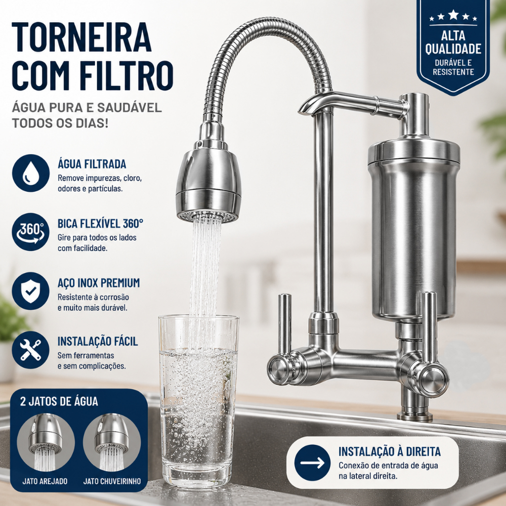 Torneira com Filtro de Água Inox 360 Giratória de Mesa Purificador Cozinha 2 Jatos