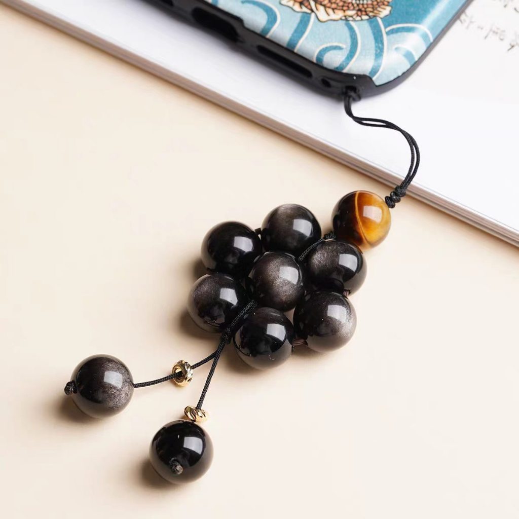 Simples moda Natural prata obsidiana corrente do telefone móvel tigre olho pedra pingente criativo trançado corda jóias