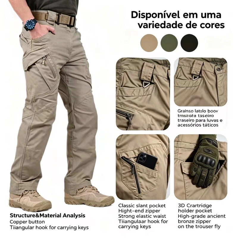 Calça Cargo Militar Masculina Preta Impermeável para Trilhas
