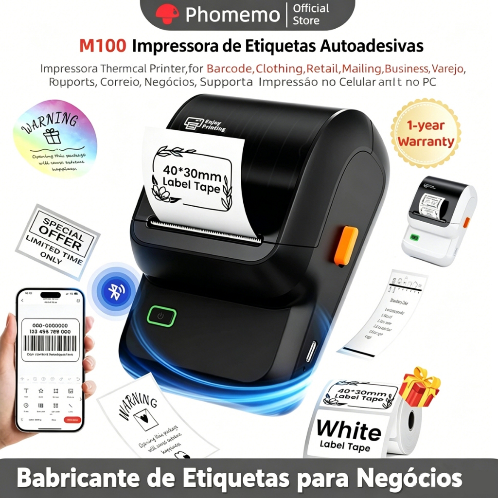 Impressora Portátil de Etiquetas Térmicas Bluetooth Phomemo M102, Ideal para Endereço/Preço/Barras