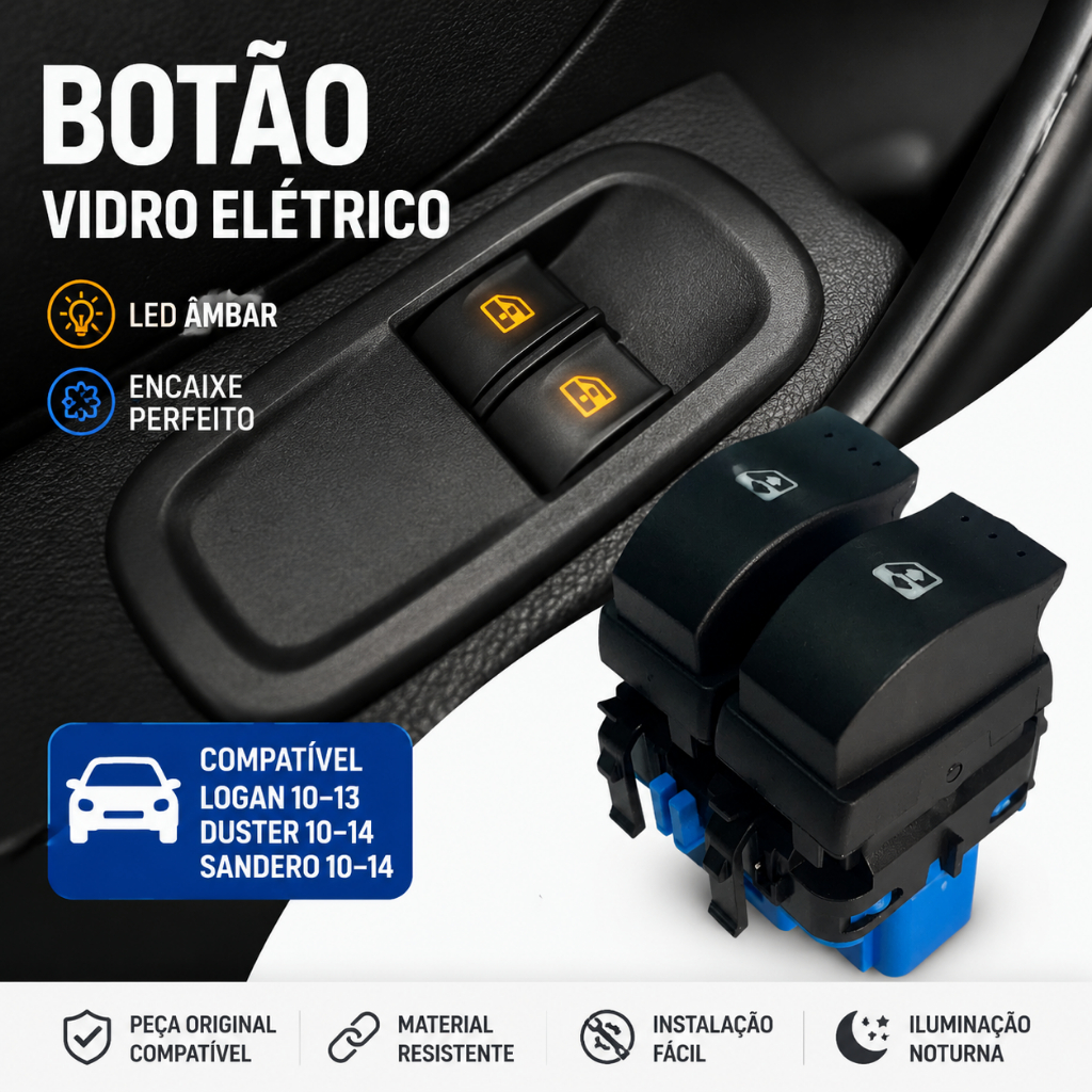 Botão Interruptor Duplo de Vidro Elétrico Base Azul Logan até 2013 Duster e Sandero até 2014
