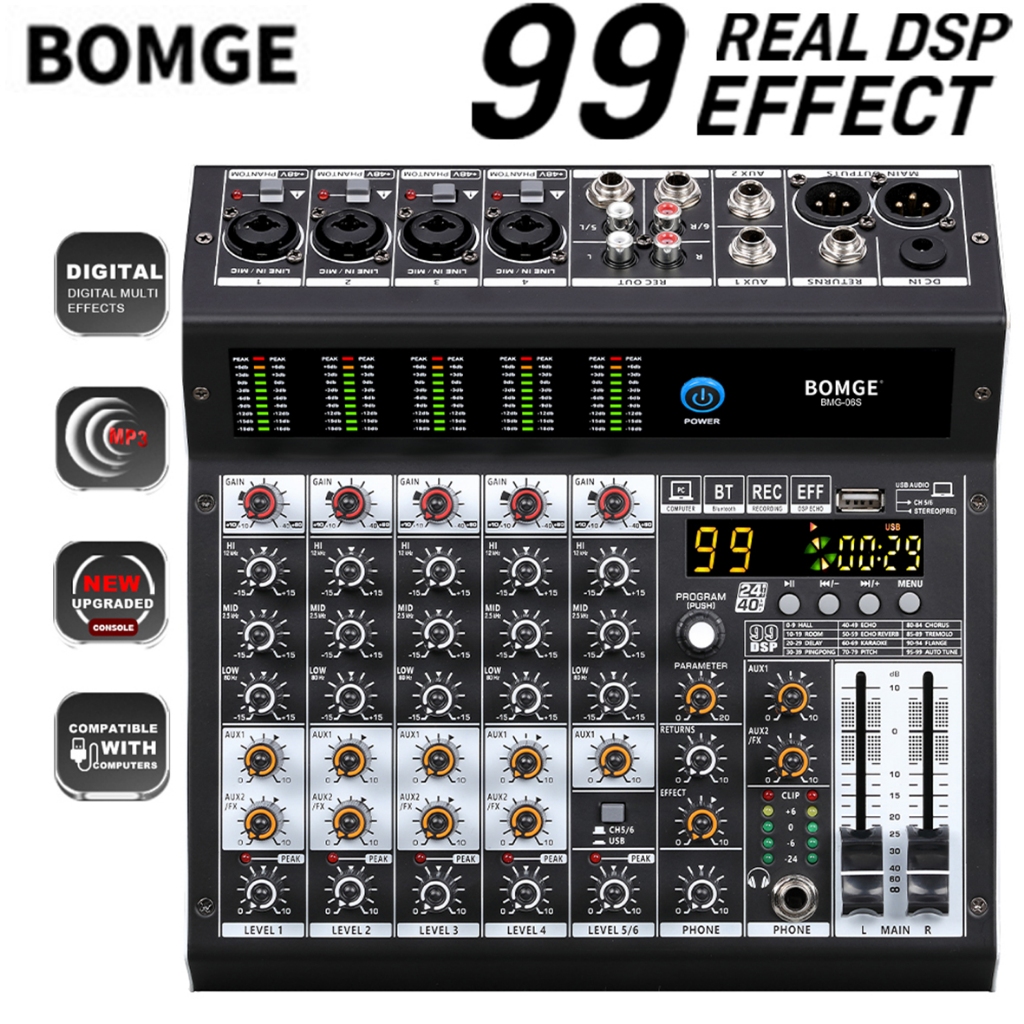 Console De Mixagem De Áudio Profissional BOMGE 06S Com Efeito 99 DSP , + 48V Phantom , Bluetooth , Interface USB , 2 AUX