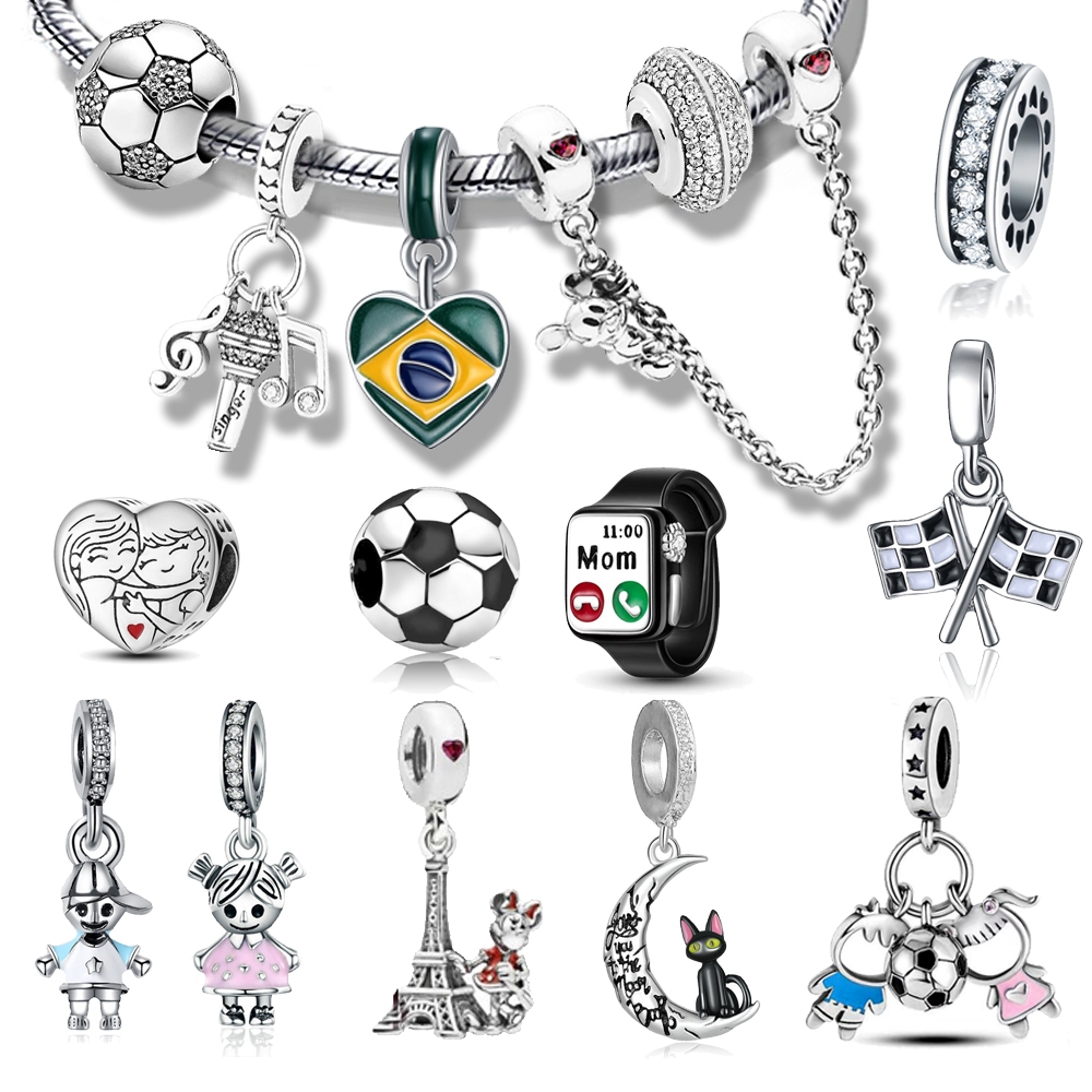 S925 Bijuteria Berloque Prata 925 Dangle Charms Bandeira Pulseira Acessórios Futebol Copa do Mundo